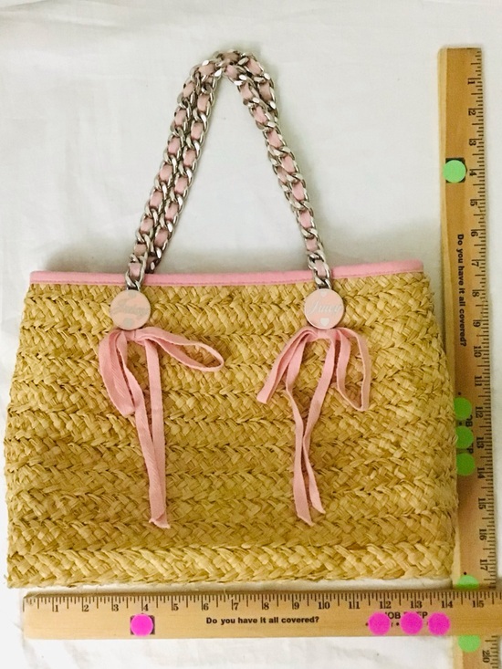 Straw tote bag juicy couture - Gem Juicy Couture Straw Tote with Pink Trim and Chain Handles